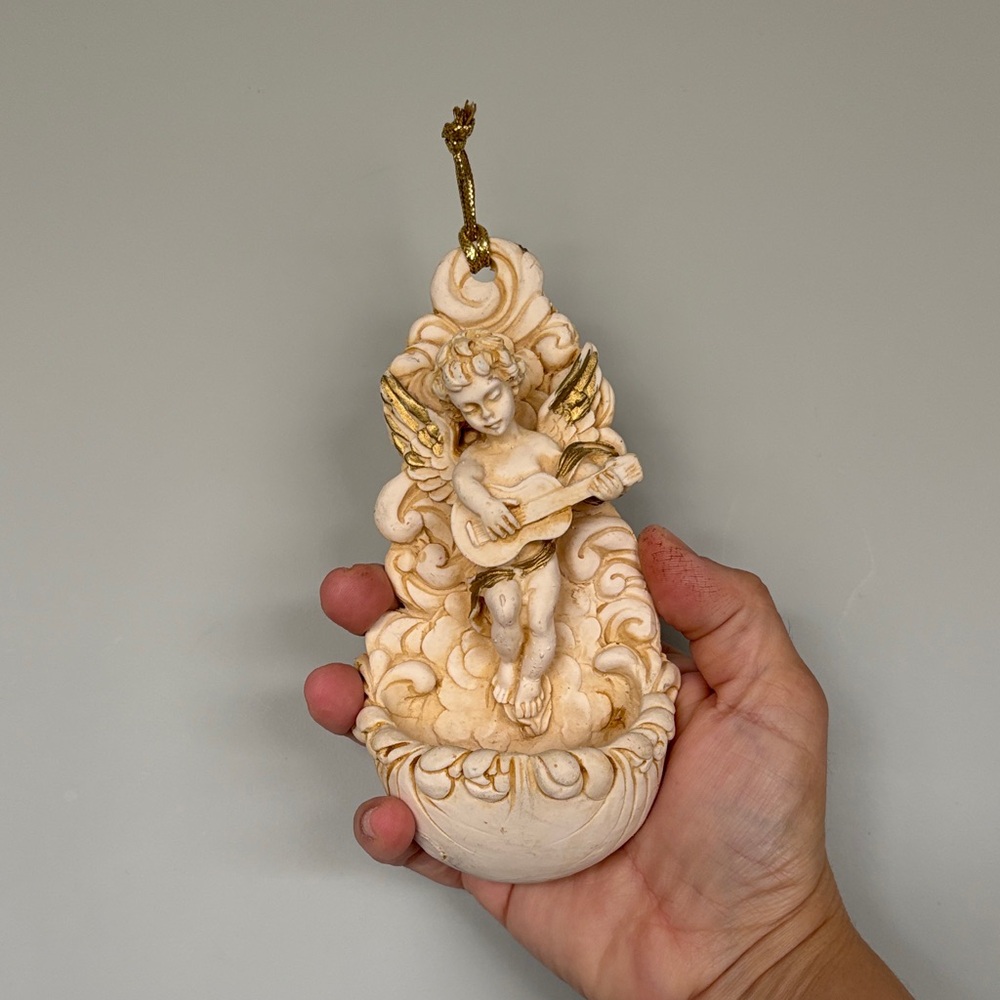 Vintage Cherub Angel holy water Hanging Ornament in Antique White and Gold